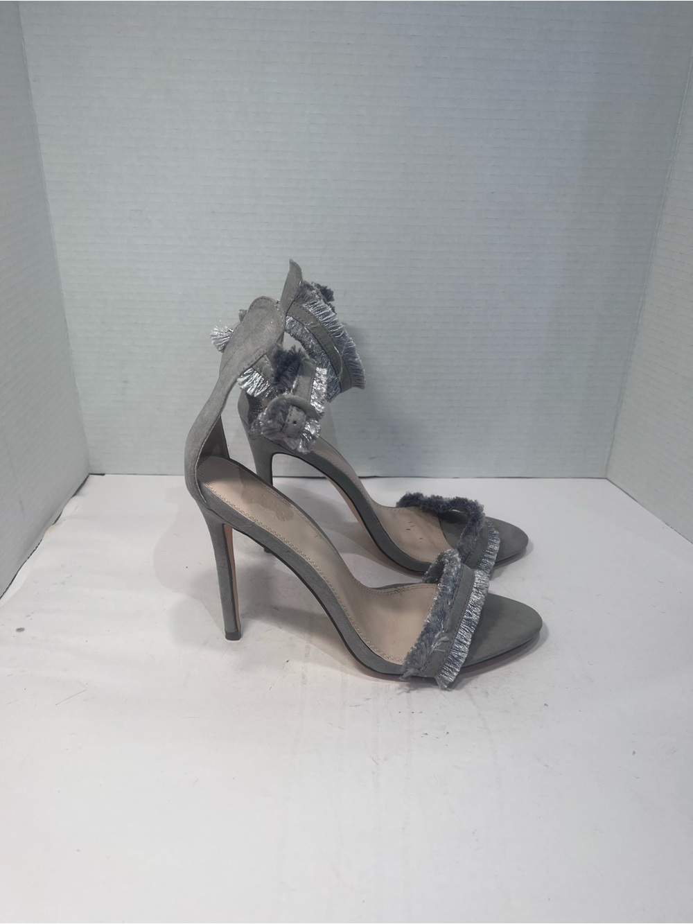 Charlotte Russe Gray Fringe Strap Stiletto Sandals